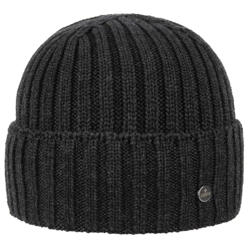 LIERYS Merino Strickmütze Herren (20 cm lang) - Rippstrick Wintermütze aus Merinowolle - Herrenmütze in One Size (55-60 cm) - Umschlagmütze anthrazit One Size von LIERYS