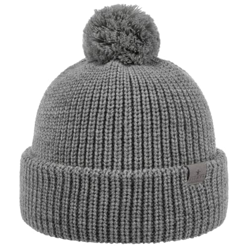 LIERYS Navigat Pudelmütze Damen Herren Strickmütze Made in Germany Bommelmütze aus Schurwolle Wollmütze mit Umschlag Herbst Winter grau One Size von LIERYS