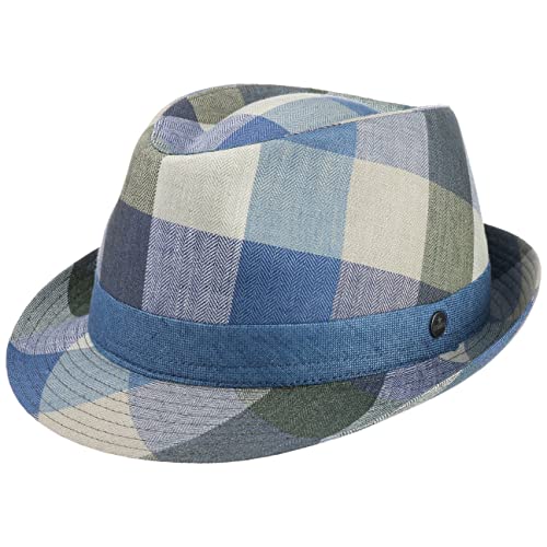 LIERYS Payato Checks Trilby Leinenhut Fedora Damen Herren Made in Italy Leinentrilby mit Garniturband Stoffhut Leinen Leichtes Futter Frühjahr Sommer blau XL (60-61 cm) von LIERYS
