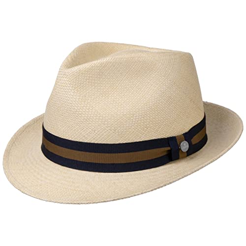 LIERYS Sportive Trilby Panamhut Damen/Herren (Kopfhöhe ca. 10,5 cm) - Handmade in Ecuador - Urlaubshut aus Panamastroh - Bogarthut mit Ripsband - Frühjahr/Sommer Natur-dunkelblau XL (61-62 cm) von LIERYS