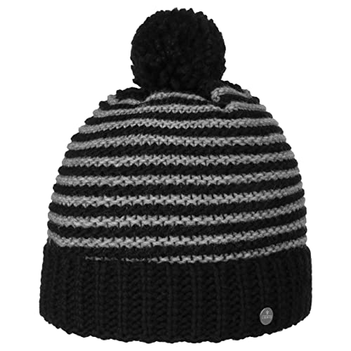 LIERYS Stripes Bommelmütze Wintermütze Beanie Strickmütze Damen/Herren - Made in Germany mit Umschlag, Umschlag Herbst-Winter - One Size schwarz-grau von LIERYS