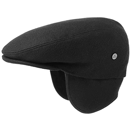 LIERYS Teflon Flatcap mit Ohrenklappen Damen Herren Made in Italy Wollmütze Wasserabweisend Gefüttert Herbst Winter schwarz 58 cm von LIERYS