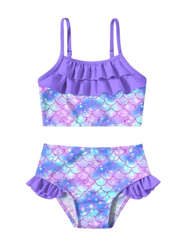 Zweiteiliges Meerjungfrau-Bikini-Set für kleine Mädchen, Rüschen, verstellbar, Sommer, Strand, Badeanzug, 3–7 Jahre für Kinder, Meerjungfrauenschuppe, Violett, 4-5 Jahre von LIFAky