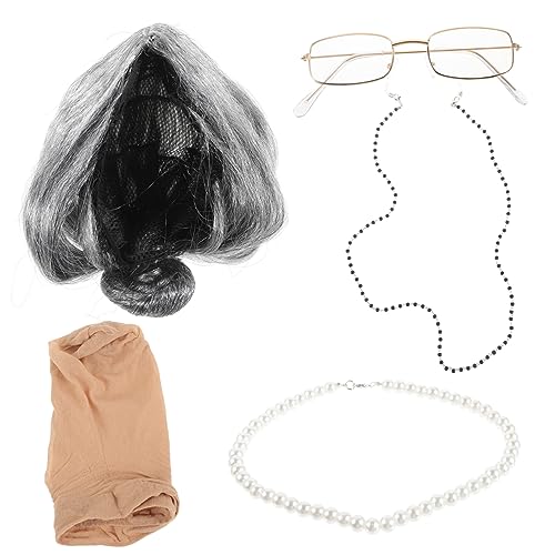 LIFKOME 1 Satz Oma Perücke Set Kinder-outfit Für Alte Dame Graue Perücken Für Schwarze Frauen Ältere Dame Perücke Beste Oma Oma-brille Choker Set Erwachsener Fräulein P Seide Brillenkette von LIFKOME