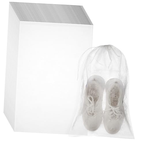 LIFKOME 100 Stück Weiße Wiederverwendbare Vliesstoff-aufbewahrungsbeutel mit Zugband Staubdichte Schuhbeutel für Schuhe Kleidung Strapazierfähige Halbtransparente Organizer mit von LIFKOME