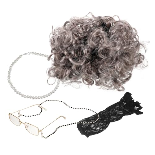 LIFKOME 1satz Großmutter Kostüm Set Mit Grauer Perücke Brille Kette Und Perlenhalskette Für Halloween Und Cosplay Accessoires Für Perfekten Damen-look von LIFKOME