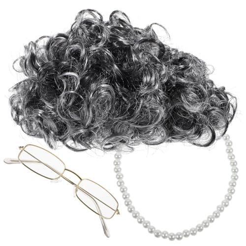 LIFKOME Großmutter Perücke Für Alte Frau Cosplay -performance-requisiten Mit Brille Und Kette Für Party Und Kostüm von LIFKOME