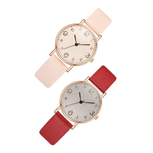 LIFKOME 2stücke Pu Armbanduhr Für Frauen Quarzuhren Mit Atmungsaktivem Armband Für Schule Casual Events Und Partys Rot Beige von LIFKOME
