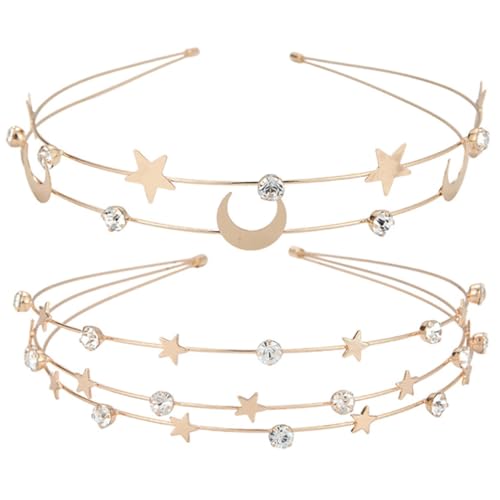 LIFKOME 2 Stück Doppellagiges Gold Stern und Mond Haarreif mit Strassstein Haarschmuck Party Brautschmuck für Damen und Mädchen Elegante Kopfbedeckung von LIFKOME