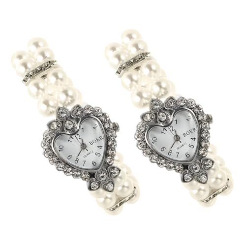 LIFKOME 2 Stück Herzförmige Damenuhr mit quadratischem Display Funkelndem Strass und Doppelreihigem Elastischem Perlenarmband Analog quarzuhr Modisches Armband für Frauen von LIFKOME