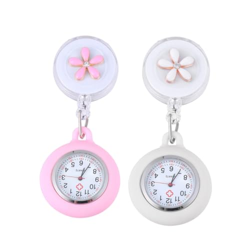 LIFKOME 2 Stück Kirschblüten-Krankenschwester-Wand-Uhr kinderuhren Armbanduhr Pink -Armbanduhr Flower Watch Uhr mit Silikonhülle Krankenschwester Uhr Ansteckuhr Legierung Weiß von LIFKOME