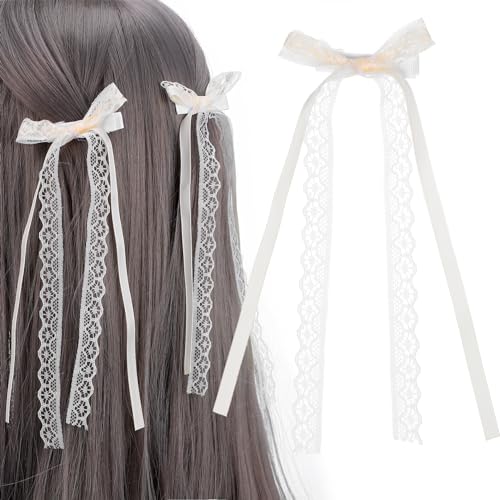 LIFKOME 2 Stück Spitzen-Haarschleifen-Clips Für Frauen Weißes Haarschleife Langer Tüll-Schleife Haar-Accessoires Für Braut Hochzeit von LIFKOME