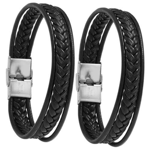 LIFKOME 2 Stück Teiliges Herren Lederarmband Geflochtene Armbänder mit Edelstahlverschluss Hautfreundlich Modisch im Punk stil Verstellbar für Alltag Streetwear und Club Schwarz von LIFKOME