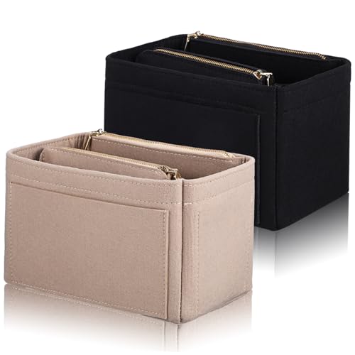 LIFKOME 2 Stück Handtaschen Organizer Aus Filz Multifunktional Große Kapazität Schwarz Und Beige Für Kosmetik Und Geldbörsen Mit Reißverschlusstaschen Langlebig Und Leicht Zu von LIFKOME