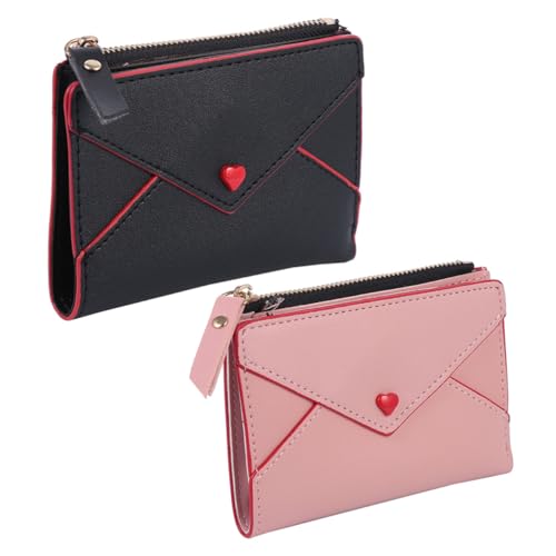 LIFKOME 2stücke Damen Pu Geldbörse Mit Reißverschluss Mini Geldbeutel Für Kreditkarten Und Bargeld Und Leicht Für Und Alltag Schwarz Hellrosa von LIFKOME