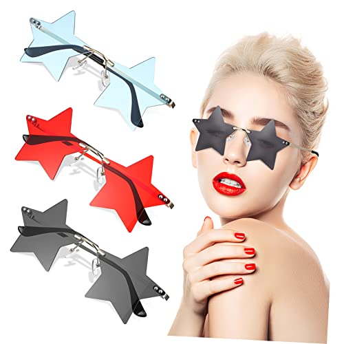 LIFKOME 3 Paare Sternförmige Sonnenbrillen Partybrillen für Damen Herren Rave Brille mit Goldrahmen Schwarzgraue Rote und Hellblaue Gläser Vintage Disco Eyewear für Karneval und von LIFKOME