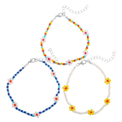 LIFKOME 3 Stück Boho Elastische Fußkettchen Handgewebten Bunten Perlen und Weißen gelben Kleinen Blumen Strand Schmuck für Frauen und Mädchen Perfektes Sommer accessoire von LIFKOME