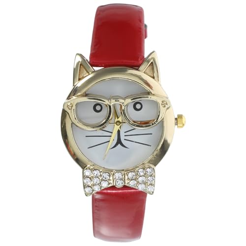 LIFKOME 3stücke Katze Cartoon Armbanduhr Für Mädchen Einstellbare Tiergesicht Uhr Mit Rotem Design Perfektes Für Katzenliebhaber von LIFKOME