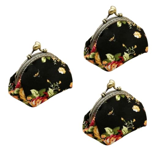 LIFKOME 3stücke Blumenmuster Geldbörse Damen Kreative Vintage Geldbörse Mit Schnappverschluss Portemonnaie Für Mädchen Tragbare Münztasche Schwarz Für Alltag Und Shopping von LIFKOME