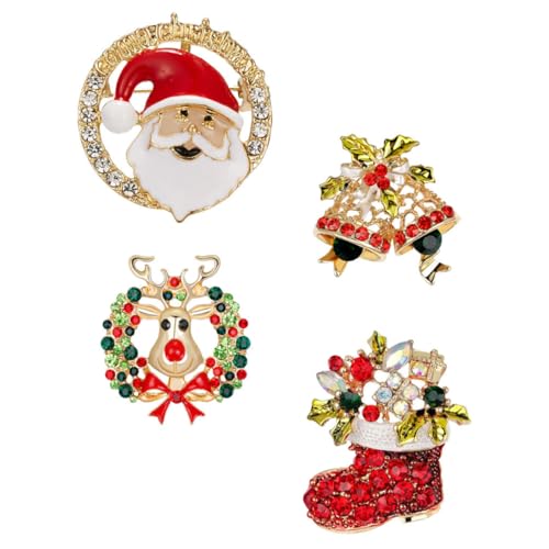LIFKOME 4 Stück Weihnachtsbroschen für Damen Weihnachts Schmuck mit Glitzerdekor Elk Glocken und Weihnachtsmann Motiven für Kleidung und Accessoires von LIFKOME