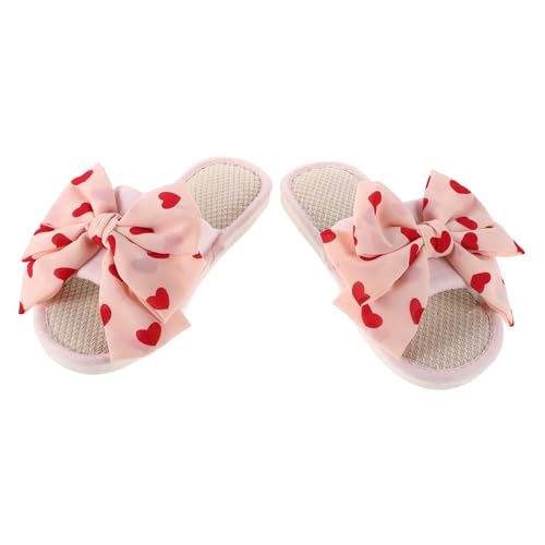 LIFKOME Atmungsaktive Damen Hausschuhe aus Leinen mit Offenem Zeh Flache Rutschfeste Sohlen Herz Schleifen Design Leichte Indoor Slipper für Sommer und Gemütliches Zuhause von LIFKOME