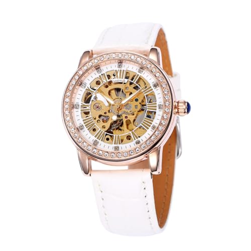 LIFKOME Mechanische Damenuhr Automatik-Armbanduhr Edelstahl Gehäuse Pu-Armband Mit Strasssteinen Für Damen Und Mädchen von LIFKOME