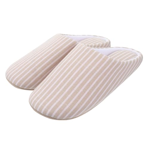 LIFKOME Beige Gestreifte Hausschuhe Damen Winterpantoffeln Leicht Atmungsaktiv Baumwolle Rutschfest Baumwollpantoffeln für Zuhause von LIFKOME