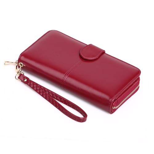 LIFKOME Brieftasche Aus Wachsleder Für Damen Mit Reißverschluss Und Druckschnalle Kredithalter Und Münzgeldbörse Geeignet Für Zuhause Und Draußen Weinrot Farbe von LIFKOME