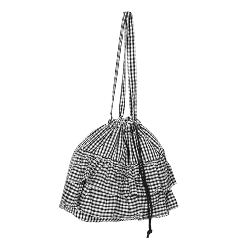 LIFKOME Checkered Canvas Tote Bag mit Rüschensaum Stilvolle und Robuste Umhängetasche aus Segeltuch für Damen Großer Shopper für Alltag Urlaub Arbeit Shopping und Fitness Schwarz von LIFKOME