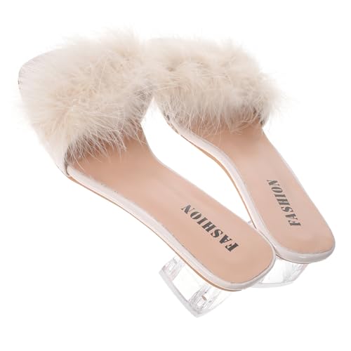 LIFKOME Chunky Heel Slippers Damen Open Toe Sommer Hausschuhe Flach PU Gummi Atmungsaktiv Freizeit Pantoletten Beige von LIFKOME