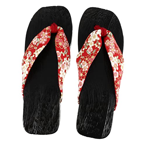 LIFKOME Creative Damen Holzclogs Sandalen mit Flachem Boden und Modischem Design Bequeme Japanische Zehentrenner für Alltag Strand und Spa Stilvolle Sommerschuhe in Kirschblütenrot von LIFKOME