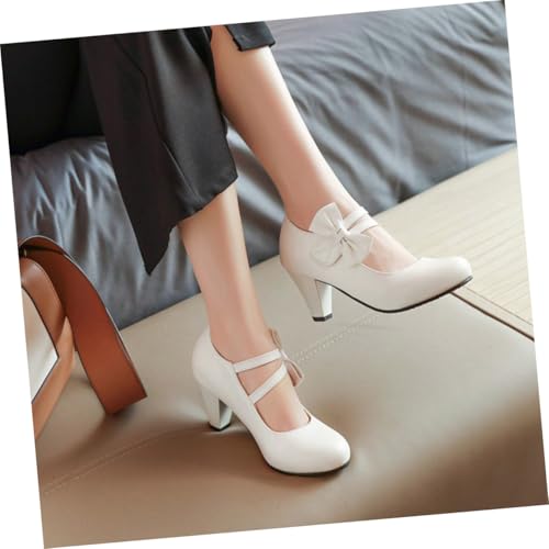 LIFKOME Damen Halbschuhe mit Grobem Absatz und Schleife Stilvolle rutschfeste High Heels Weiße Pumps Komfortable Stilvolle Damenschuhe für Alltag und Feier von LIFKOME
