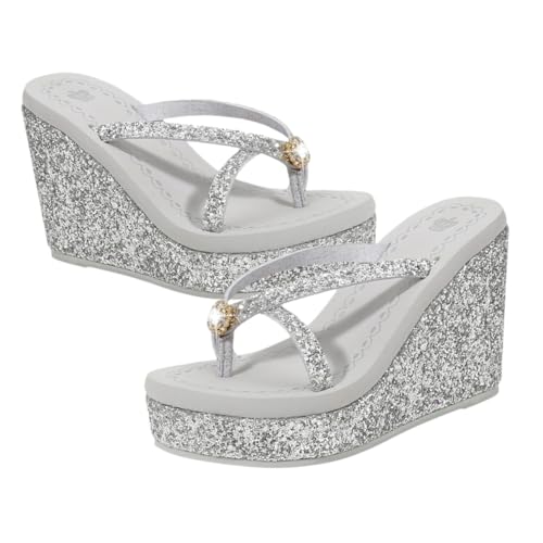 LIFKOME Damen High heeled Sandalen mit Glitzersteinen Modische Sommer Slipper Rutschfeste Atmungsaktive Pantolette für Freizeit Strand und Alltag Elegant und Komfortabel Silber von LIFKOME