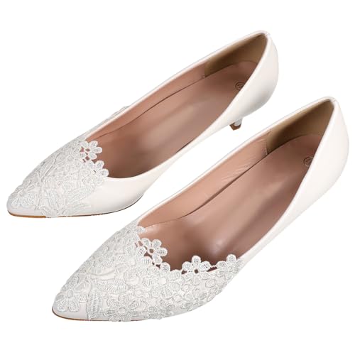LIFKOME Damen Hochzeitsschuhe Weiß Spitzen Pumps High Heels Spitz Zehen Komfortabel Leicht Elegant Brautschuhe für Party Abend Prom von LIFKOME
