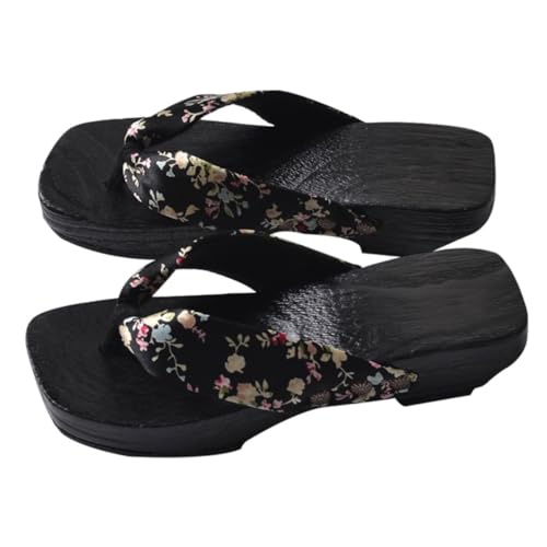 LIFKOME Damen Holzclogs Sommer Schuhe Traditionelle Geta Hausschuhe Flache Sandalen Barfußschuhe Zehentrenner Stilvolle Clogs für Innen und Außen Schwarz von LIFKOME