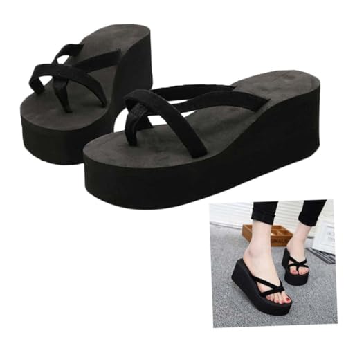 LIFKOME Damen Keilabsatz Sandalen Sommerpantoletten mit Absatzhöhe Rutschfeste Strandflops Plateau Slippers Schwarz Geeignet für Freizeit und Strand von LIFKOME