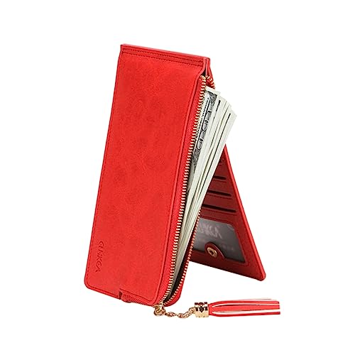 LIFKOME Damen Mini Geldbörse Mit Reißverschluss Und Kosmetikspiegel Tragbares Portemonnaie Mit Frischen Quasten Für Reisen Für Münzen Und Bargeld Rot von LIFKOME