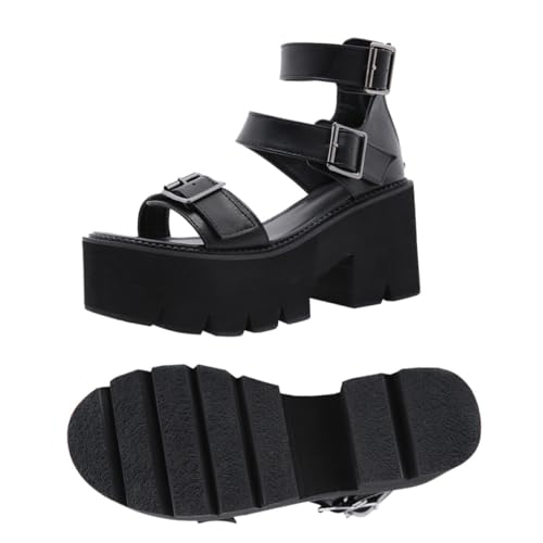 LIFKOME Damen Sandalen Schwarz mit Dicker Sohle und Blockabsatz Stylische Hollow Sommer Schuhe aus PU und Mikrofaser Modische High Heels für Alltag und Party von LIFKOME
