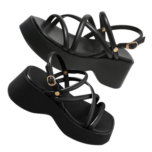 LIFKOME Damen Sandalen Sommer Klobiger Absatz Plateau Wedges Atmungsaktiv Verstellbar Strand Freizeit Schwarz von LIFKOME