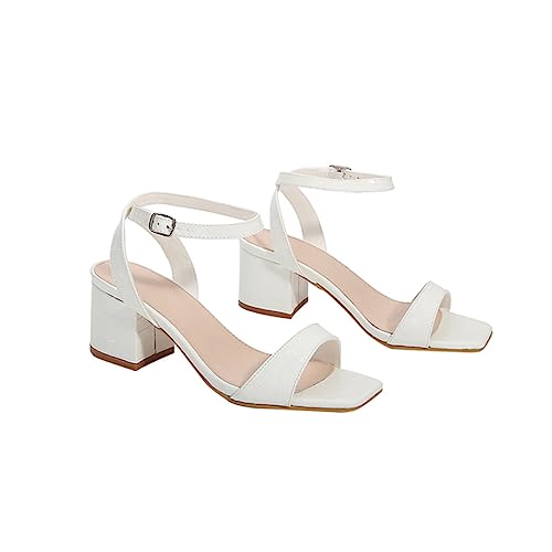 LIFKOME Damen Sandalen mit Chunky High Heel Sommerliche Weiße Quadratische Zehenpartie Rutschfest Atmungsaktiv Bequeme Absatzschuhe für Alltag und Freizeit von LIFKOME