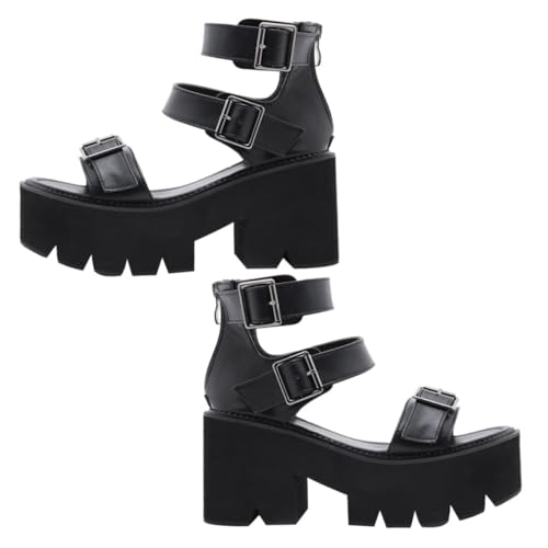 LIFKOME Damen Sandalen mit Dicker Sohle und Chunky Heel Pu material Bequeme Sommer Schuhe für Partys Büro Hochzeit Nachtclub Eleganter Look Schwarz von LIFKOME