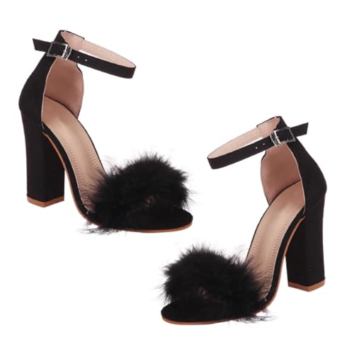 LIFKOME Damen Sommer Sandaletten mit Chunky Absatz PU Material Bequeme High Heels für Party Hochzeit Büro Offene Zehen Schuhe Modische Lady's Heels in Schwarz von LIFKOME