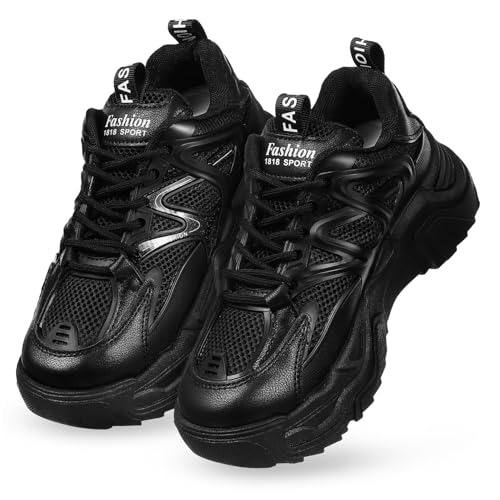LIFKOME Chunky Sneakers Damen Schnürschuhe 36 Schwarz Modische Sportschuhe Mit Dicke Sohle rutschfest Und Atmungsaktiv Für Alltag Und Outdoor von LIFKOME