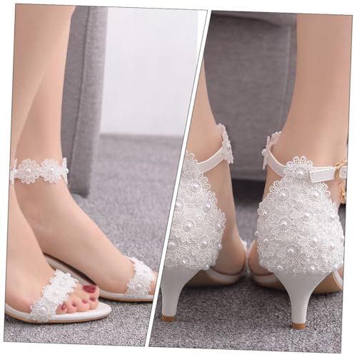 LIFKOME Elegante Weiße Spitzen sandaletten Damen Hochzeitsschuhe mit Kleinem Absatz Leichter Sommer High Heels Pumps Verstellbar Bequem für Party Business Abend Dating von LIFKOME