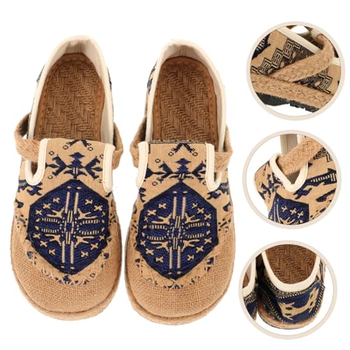 LIFKOME Ethnische Bestickte Leinenschuhe Damen Baumwolle Leinen Atmungsaktive Flache Sommerschuhe Elegant für Alltag und Freizeit Blau von LIFKOME