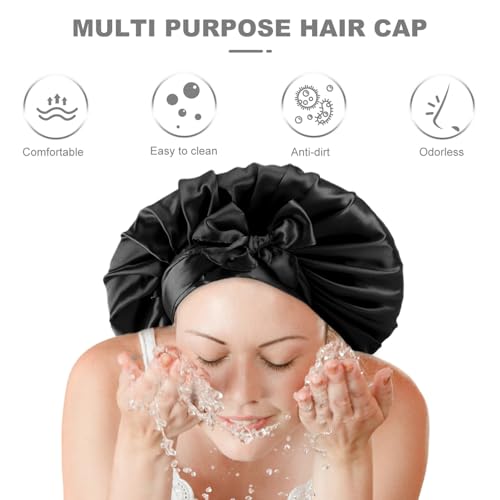 LIFKOME Große Schwarze Satin schlafhaube mit Bindeband und Schleife Atmungsaktiv Komfortabel Hautfreundlich Vielseitig als Schlaf Pflegehaube für Damen und Patienten Geeignet von LIFKOME