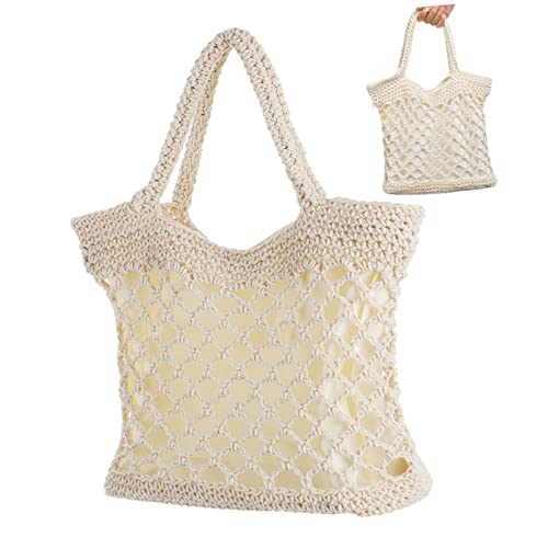 LIFKOME Häkeltasche Beige Baumwolle Handgefertigte Strandtasche Große Kapazität Umhängetasche für Frauen Strand Pool und Freizeitaktivitäten von LIFKOME
