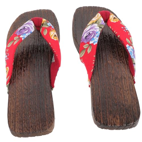 LIFKOME Japanische Damen Holz Clogs Slipper mit Stoff Leichte Modische Sommerschuhe Bequeme Hausschuhe für Zuhause Outdoor Cosplay Eleganter Blumendesign Pantoffeln von LIFKOME