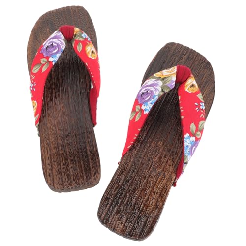 LIFKOME Japanische Damen Holzclogs Sandalen Leicht Tragbar Mit Traditionellem Blumendruck rutschfest Für Innenbereich Alltag Party von LIFKOME