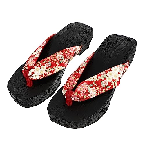 LIFKOME Japanische Holzclogs Damen Sommer Sandalen mit Rutschfester Sohle Atmungsaktive Modische Zehentrenner Pantoletten für Alltag und Strand Elegantes Design in Kirschrot von LIFKOME